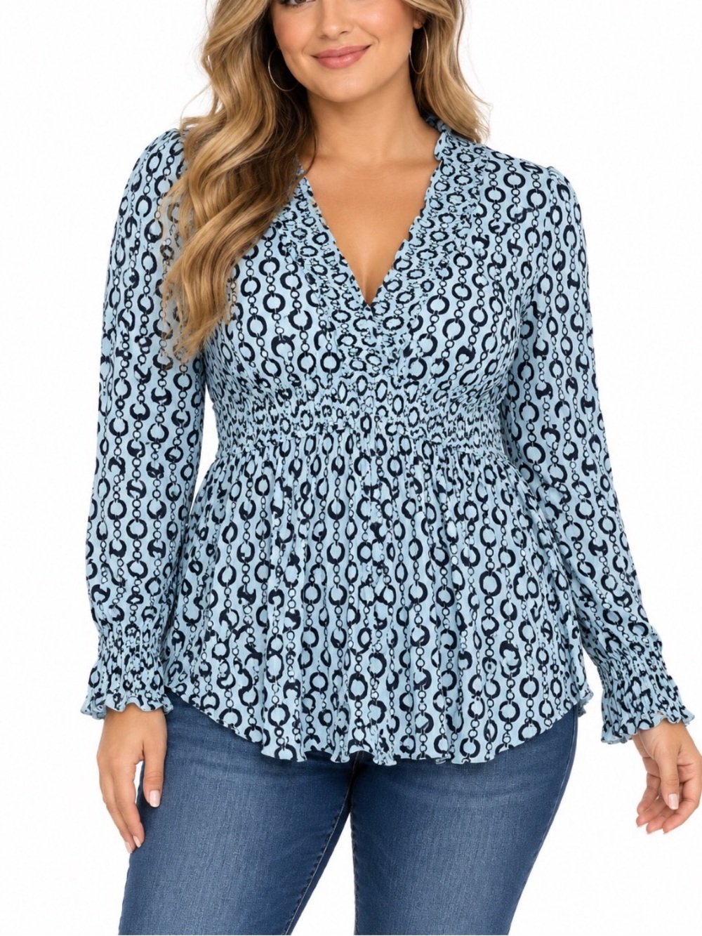 Worthington Light Blue Geometric Chain Print Empire Waist Long Sleeve Top- Large